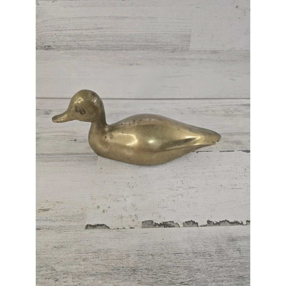 Vintage Solid Brass Duck Figurine Mid Century Modern Bird Paperweight 7.5 Inch